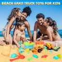 HUITEM Beach Sand Toys for Kids, 29PCS Sandbox Toys with 2 Collapsible Bucket Sand, 2 Dump Truck, Dinosaur Molds, Castle Building Kit, Shovel Sieve,Flags,Mesh Bag Travel Beach Toys for Toddler 3-10