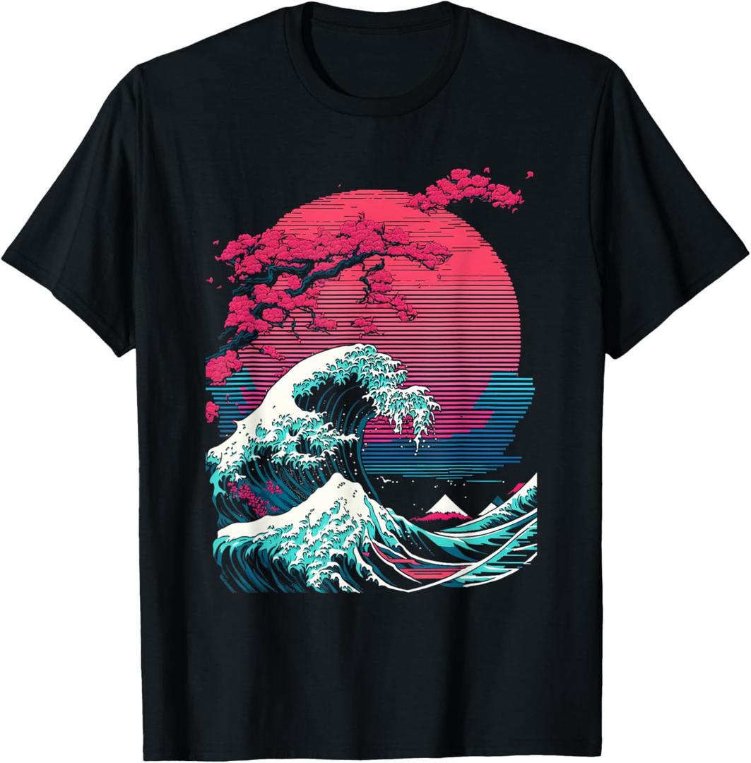 Great Wave off Kanagawa Retro Glitch Aesthetic Vaporwave T-Shirt (Small, Black)