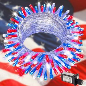 4th of July Lights, 200 LED 66ft Red White and Blue Patriotic String Lights Plug-in, 8 Modes &Timer Waterproof for Outdoor Indoor Independence Day, Memorial Day, Holiday Decor