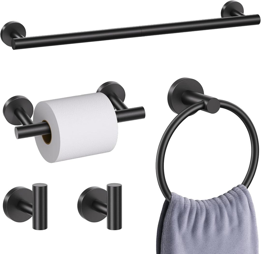 5 Pieces Matte Black Bathroom Hardware Accessories Set, Bathroom 23.6 Inch Towel Bar Set Stainless Steel Toilet Paper Holder Round Towel Racks for Bathroom Wall Mounted