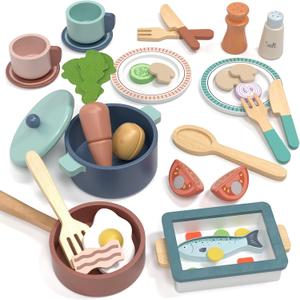 Lehoo Castle Wooden Play Kitchen Accessories, Play Pots and Pans Sets for Kids, Play Food Sets for Kids Kitchen, Montessori Food Toys for Toddlers 3-5, Gifts for Girls Boys