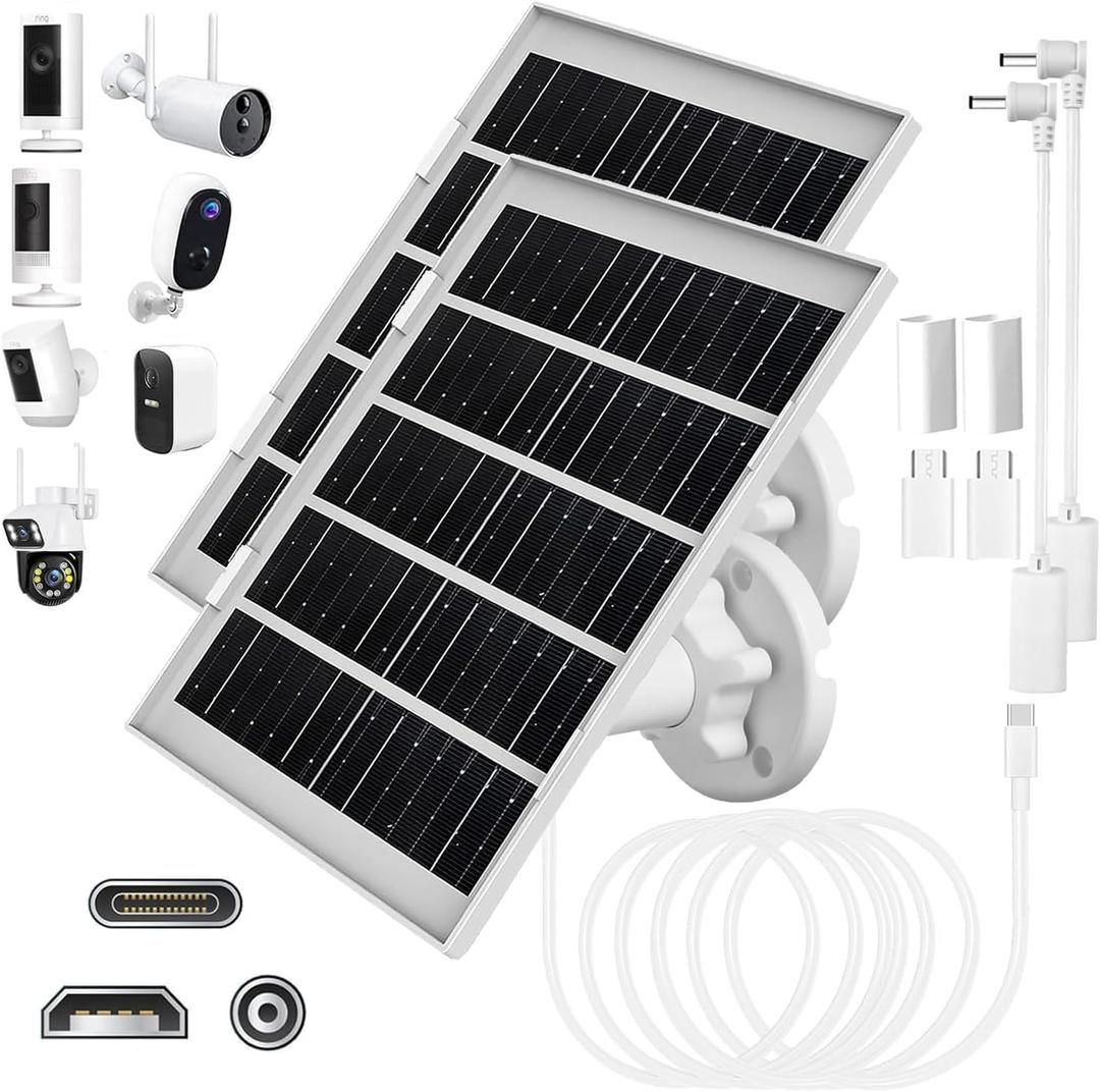 8W Solar Panel Charger for Outdoor Security Cameras, with Micro USB/USB-C and DC (35 x 135) Port, Fits Ring/Eufy/Wyze/Bird Feeder Camera, 13ft Cable, Fast Charging (2 Pack)