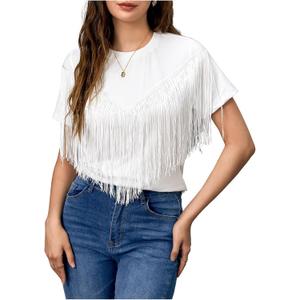 Verdusa Women's Short Sleeve Fringe Tops Tassel Trim Cowgirl Shirts Western Outfits (Large, Light White)