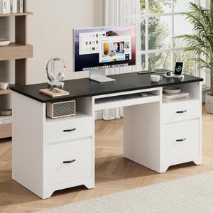 Bestier 59 Computer Desk with 4 Drawers, Office Desk with Storage, Modern Executive Desk with Charging Station, Keyboard Tray & Wooden Pedestals on Both Sides for Home Office & Studio, White