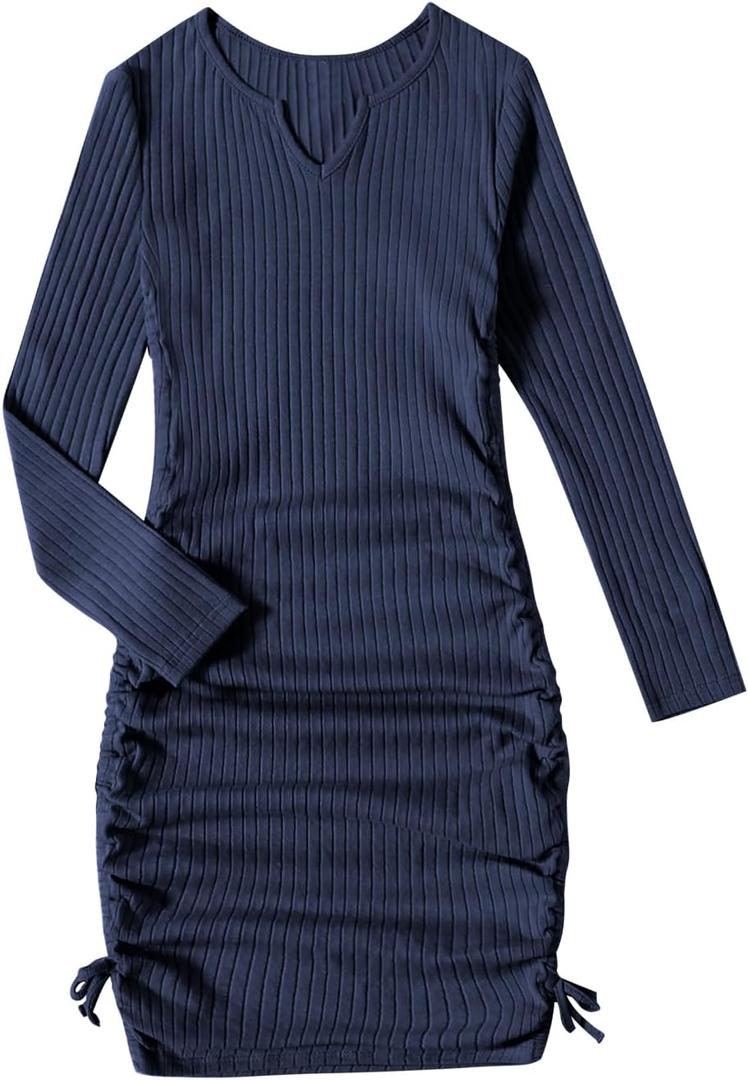 OYOANGLE Girl's Long Sleeve Ribbed Knit Drawstring Side Ruched Bodycon Short Dress Navy Blue 9Y OYOANGLE Girl's Long Sleeve Ribbed Knit Drawstring Side Ruched Bodycon Short Dress Navy Blue 9Y
