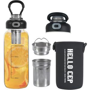 34oz Glass Water Bottle with capacity Mark & Stainless Steel Tea Strainer-Large Capacity for Hot/Cold Drinks,Coffee,Tea,and Water-Includes Protective Sleeve,Perfect for Home,Office (34oz) (Transparent)