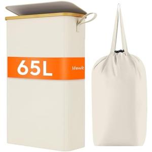 Lifewit 65L Slim Laundry Hamper with Lid, Narrow Laundry Basket with Removable Bag & Bamboo Handles, Fodable Thin Dirty Clothes Hamper for Laundry Collapsible Bin for Bathroom Bedroom Dorm, White