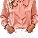 CBOO Women's Bow Tie Neck Button Down Shirts Silk Blouses Long Sleeve Elegant Satin Blouse Casual Dressy Business Tops (Pink, S)