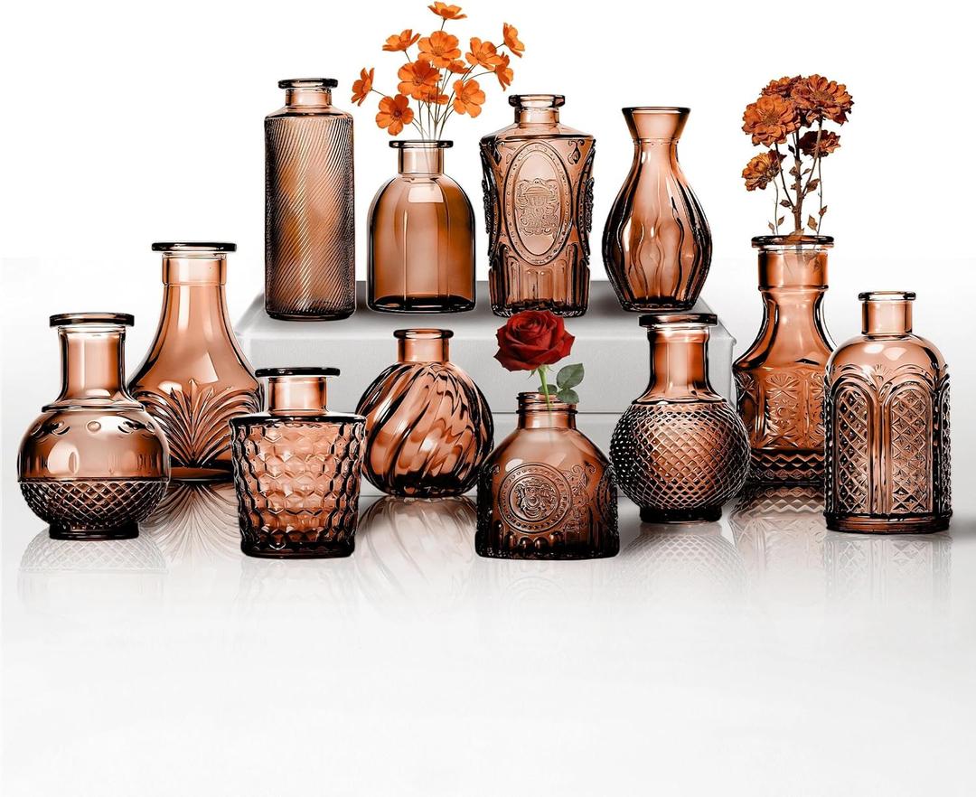 Mini Bud Vases Centerpieces for Tables, for Flowers,Small Flower Vases Suitable for Birthday Party,Anniversary,Wedding Reception,Baby Shower (Amber, 12PCS)