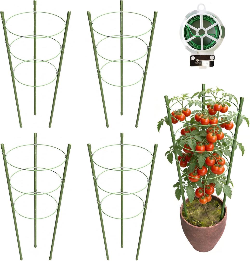 4 Pack Tomato Cage, 24 inches Plant Support Cages for Garden, Upgrade Garden Plant Stakes with Adjustable Rings, Plants Trellis for Tomato, Flower, Climbing Plants, with Twist Tie