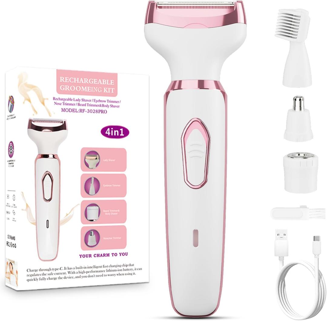 Women's Electric Razor Bikini Trimmer, 4-in-1 Cordless Shaver for Face, Legs, Underarms, Pubic Hair Wet/Dry Use, Painless Hair Removal