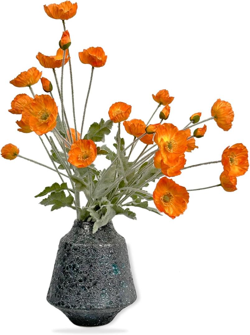 Set of 6 Poppies Flowers Artificial Silk Flowers with Long Stems Faux Wildflowers Bouquet for Vases Oil Pastel Style for Wedding Party Indoor Home Office Decor (Orange)