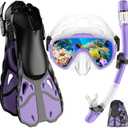 Snorkel Set with Fins for Adults, Snorkeling Gear for Adults Men and Women, Snorkle, Mask Set Adults Dry Top Snorkel Mask Combo Set with Travel Bag for Snorkeling, Diving, Swimming (Small-Medium, Purple)