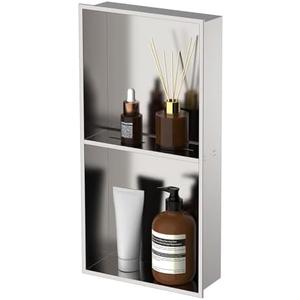 Homevacious 12"×24" Stainless Steel Shower Niche No Tile Needed Brushed Nickel Double Shelves Bathroom Shelf Rimless Recessed Wall Niche for Bathroom Storage