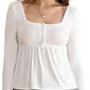 Women's Square Neck Peplum T Shirt Long Sleeve Button Front Going Out Tops Small