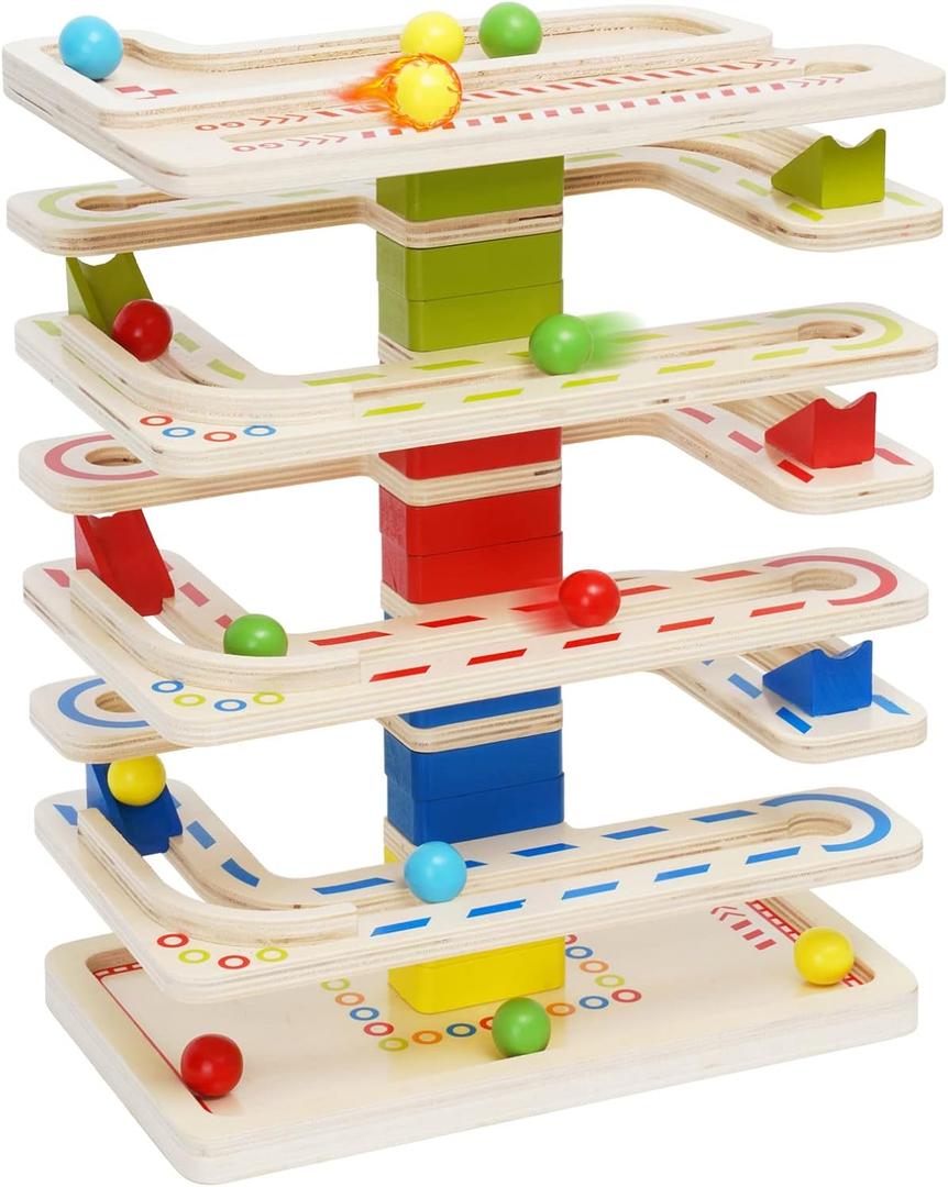Wooden Marbles Run Ball Drop Toys 8-Tier Rolling Tower Toys with 16 Balls Ramp Whirling Game Ball Tower Educational Learning Toys for Gifts 3 4 5 6 7 8 Years Toddler Boys Girls