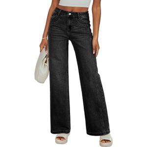 Sidefeel Women's Wide Leg Jeans High Waisted Stretchy Jeans Straight Leg Trendy Patchwork Loose Fit Denim Pants (4, Black)