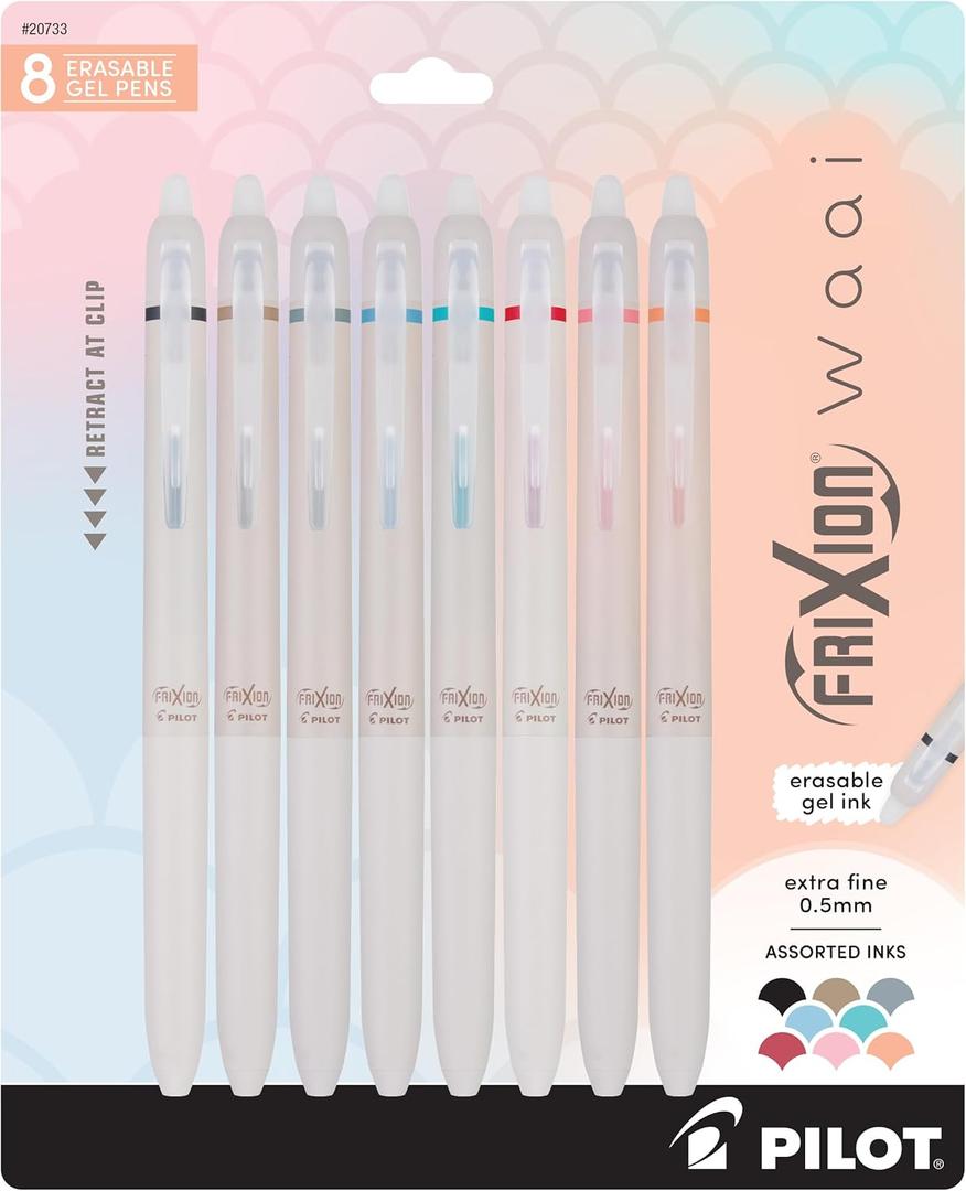 PILOT FriXion Waai Retractable & Refillable Erasable Gel Pens, Extra Fine Point 0.5 mm, Assorted Ink, 8 Count
