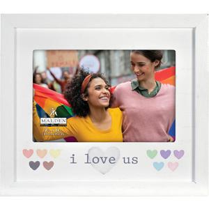 4×6 I Love Us Picture Frame Raised White Outer MDF Wood Moulding White Wood Grain Finish Mat With Gray Screenprinted Text Silver Finish Metal Heart Attachment
