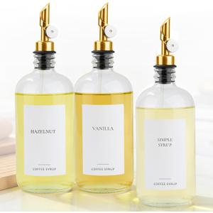 Set of 3 Coffee Syrup Glass Dispenser Bottles 16.23oz Pump Bottles with 20 Labels for Coffee Bar Organization