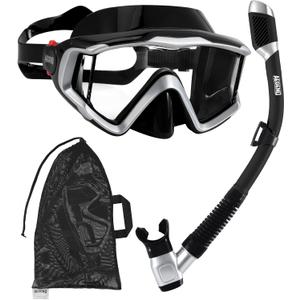 Aegend Snorkeling Gear for Adults Youth Kids, Snorkel Mask with Top Dry Valve - Panoramic View Anti-Leak and Anti-Fog with Mesh Bag for Snorkeling, Scuba Diving, Freediving & Swimming (Silver)