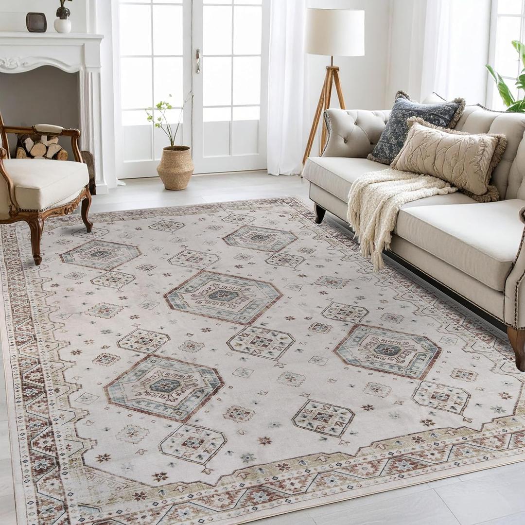 Superior Washable Indoor Large Area Rug, Nylon, Foldable, Vintage Rug for Bedroom, Living Room, Dining Room, Hallway, Durable, Cotton Backing, Machine Wash, Burj Collection, 2' x 15', Ivory