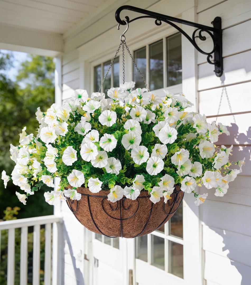 Ivydale Artificial Fake Hanging Flowers Plants Baskets for Outdoor Spring Summer Decoration, Faux Silk White Morning Glory Look Real UV Resistant for Outside Porch Patio Balcony Yard Front Door Garden
