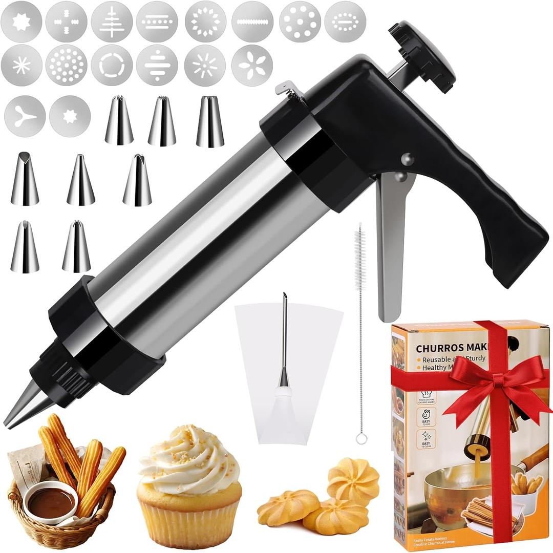 Cookie Press Gun Decorating Kit, 27 Pcs Premium Baking Tool Kit for Cookie Press and Cake Decorating with 16 Cookies Discs 8 Icing Tips and Cleaning Brush, DIY Christmas Cookies Maker Gifts for Wome