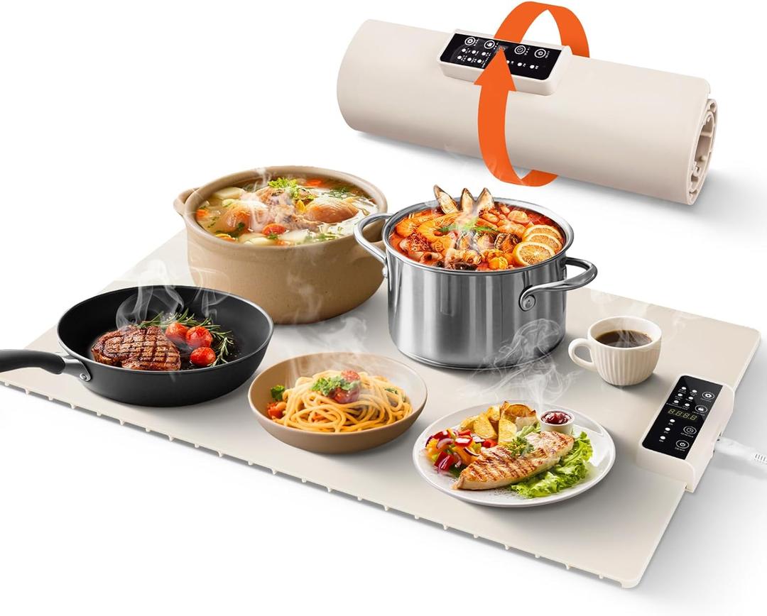 Chafing Dishes Food Warming Mat Electric Silicone Heating Pad with Adjustable Temperature Control Portable Heat-Resistant Mat for Dining Tables Parties Buffets (White)