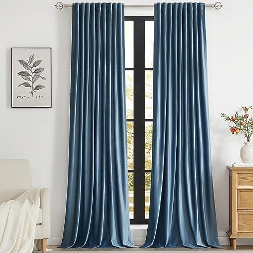 PRIMROSE Velvet Curtains 90 inch Long for Living Room,Set of 2 Panels Stone Grayish Blue Blackout Rod Pocket Back Tab Window Treatment Room Darkening Heavy Decorative Curtains Drapes for Bedroom