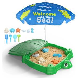 Turtle Sandbox with Lid and Adjustable Umbrella, Large Square Sand Box with 6 Molds & 4 Shovels, Outdoor Beach Toys for Toddlers Ages 3+, 38.6 x 38.6 x 5.1 inches