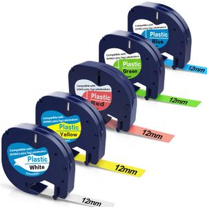 5-Pack Colored Label Tape 12mm x 4m (1/2" x 13') Compatible with Dymo Letratag RefillsReplacement for Dymo Label Maker Refills Plastic for Letratag LT100H LT100T QX50
