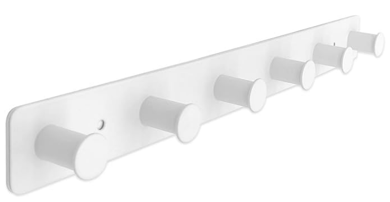Coat Rack Wall Mounted, White Coat Hooks Adhesive & Screw in, Stainless Steel Door Hooks for Hanging Hat Towels Clothes, Hook Rail with 8 Round Hangers
