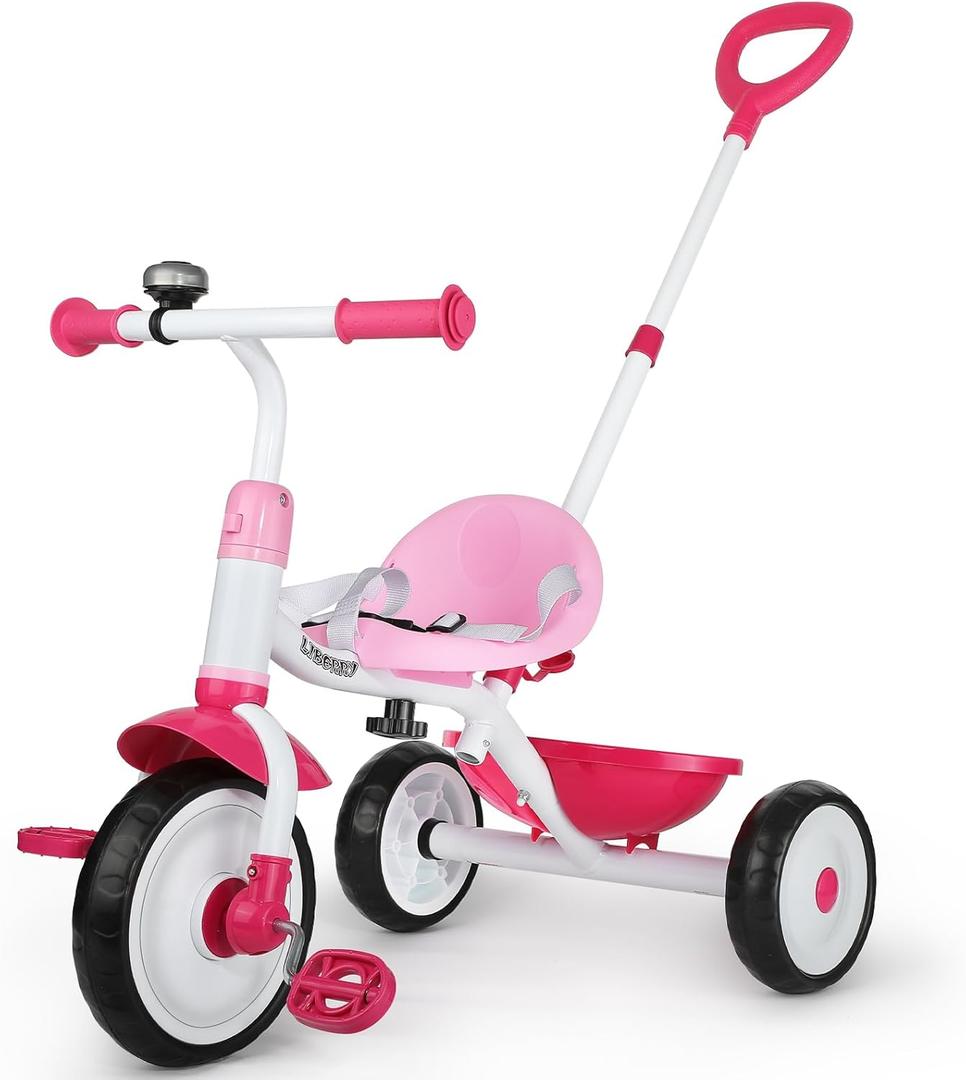 Liberry 2 in 1 Toddler Tricycle Age 2 3 4 Years Old, Kids Trike with Adjustable Push Handle, Bell & Basket, 3 Wheel Bike Riding Toy Birthday Gift for Girls Boys, Pink