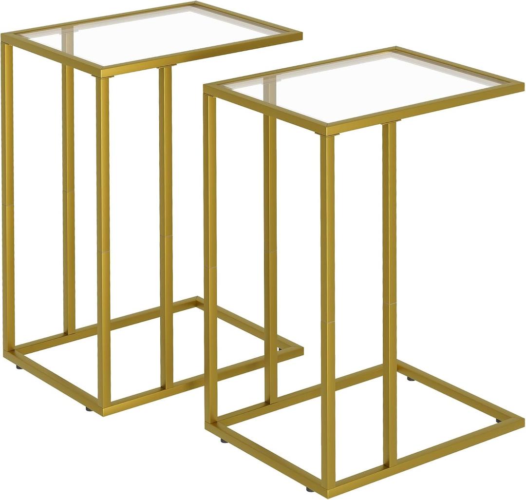 C Shaped End Side Table Set of 2,Couch Sofa Table for Small Space,Tempered Glass Snack Side Table with Metal Frame for Living Room, Bedroom, Bedside, Modern Style, Gold