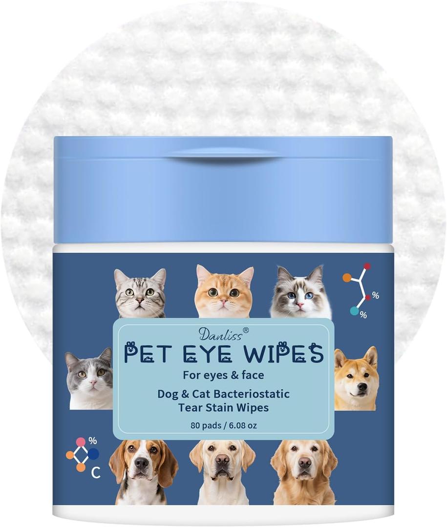 Danliss Dog Eye Wipes Gently Remove Tear Stain, Debris and Discharge. Pet Eyes Cleaner Wipes for Dogs & Cats, Remove Crust, Mucus. Soft Pet Tear Wipes, Hypoallergenic with Aloe & Chamomile 80 Pcs BBD:06-29-28