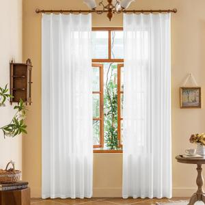 92 Inches Long White Sheer Pleated Drapes for Bedroom Pinch Pleat Curtains with Ajustable Hooks, Lightweight Light Filtering 92 Inch Curtains for Dining Room Patio, White, 42''W x 92"L, 2 Panels