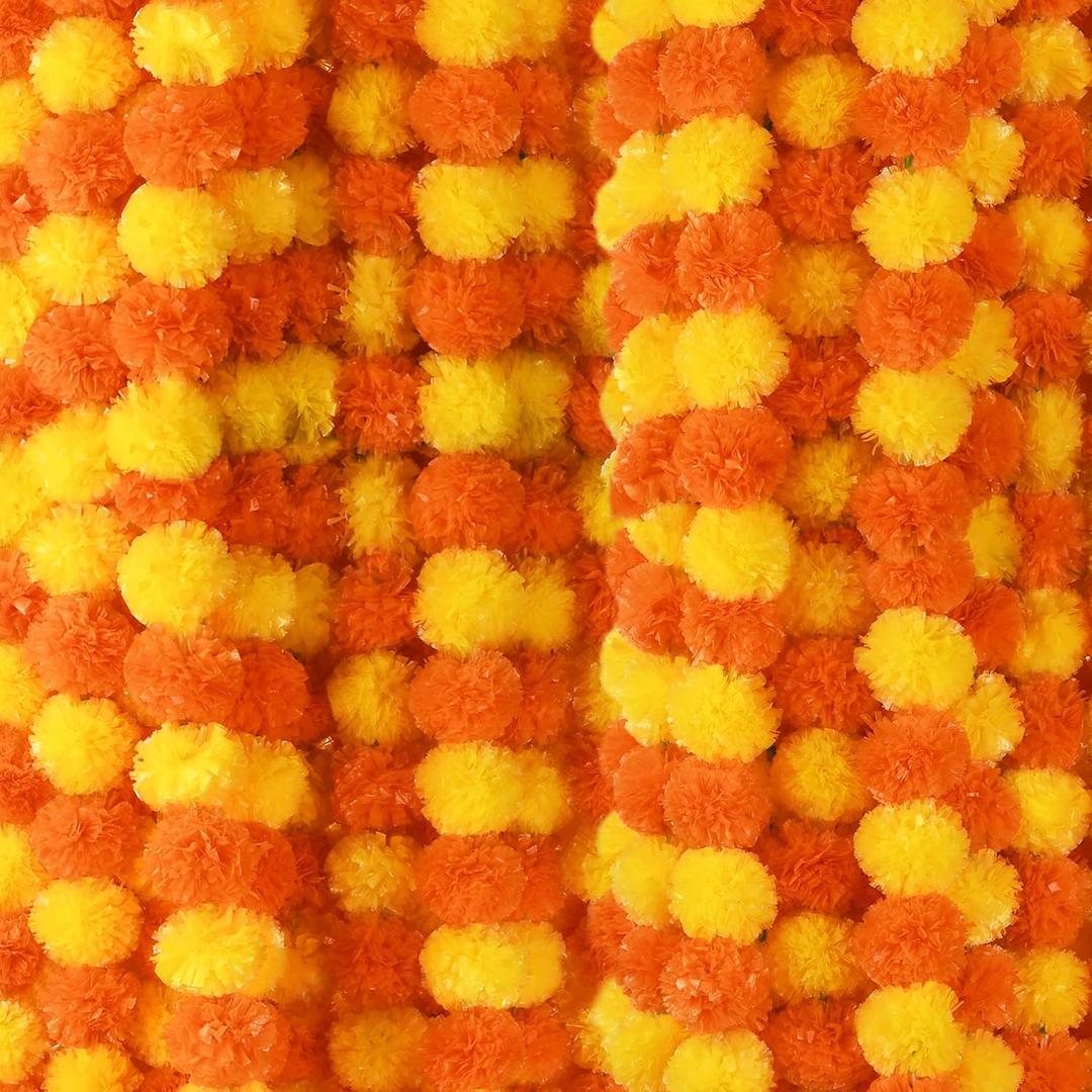5 Pcs- 5 Feet Long Marigold Garland Bulk Indian/American Wedding Party Mantel Decoration Decorations for Altar Faux Flower Garlands Diwali, Spring Bush Floral Party (Orange and Yellow)
