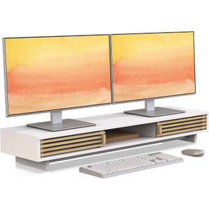 Dual Monitor Stand Riser with Sliding Door, Double Computer Laptop Stand Desk Shelf Organizer with Storage (White + Natural Bamboo, 38 Inch)