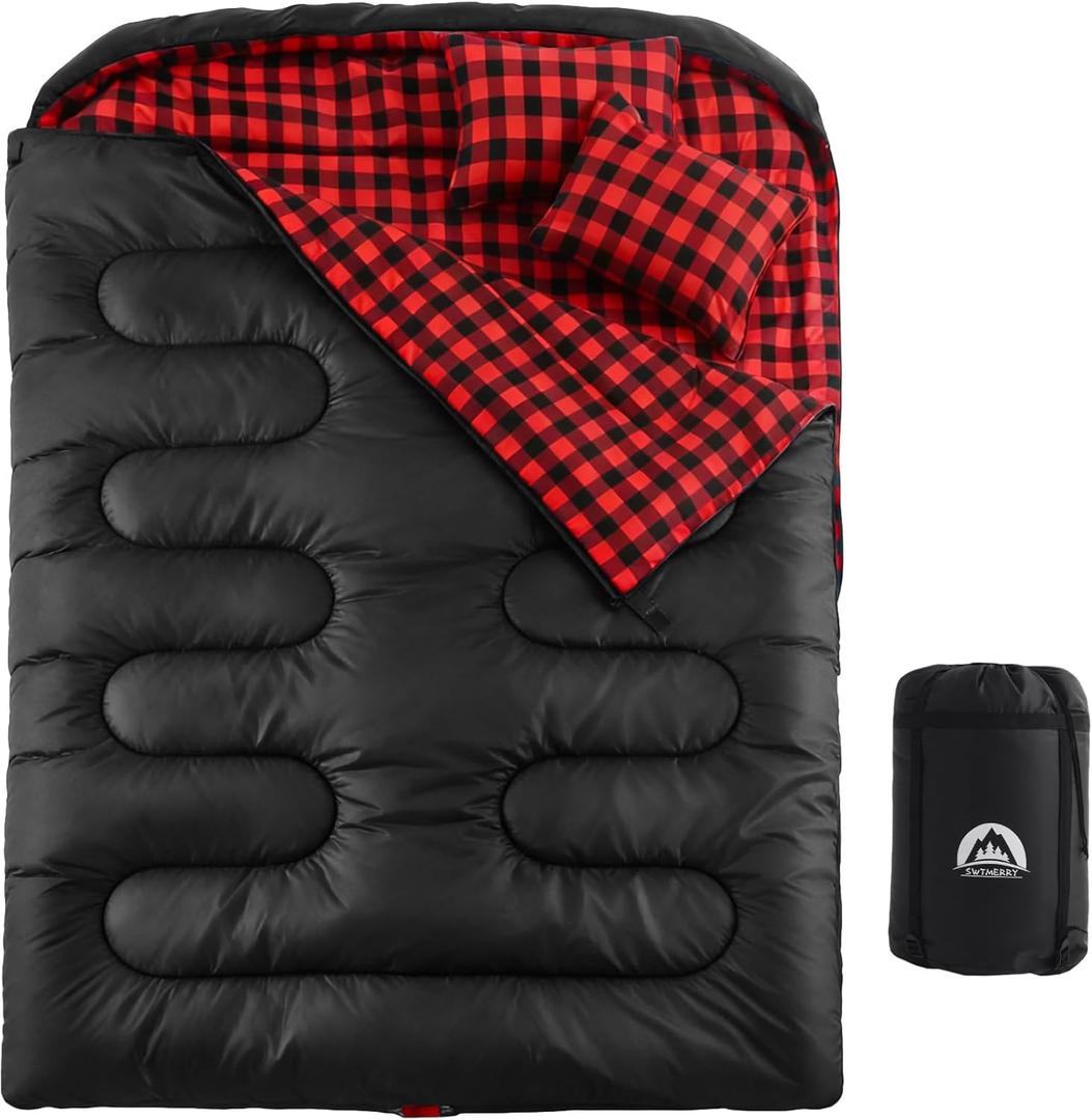Swtmerry Double Sleeping Bag for Adults with 2 Pillows, Big & Tall Queen Size XL Sleeping Bag for 2 Person, Waterproof & Lightweight Warm for 3 Seasons, Cold Weather,Camping, Hiking & Backpacking (Black/Red)