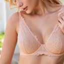 Wingslove Women's Sexy Bra Sheer Lace Bra Plunge Unlined Full Coverage See Through Underwire Bra (Beige)