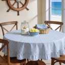 Frienda 60 Inch Blue Stripe Ruffle Table Cloth Farmhouse Round Cotton Linen Scalloped Table Cloth Coastal Blue White Striped Stonewashed Tablecloth for Round Tables Kitchen Restaurant Wedding Party
