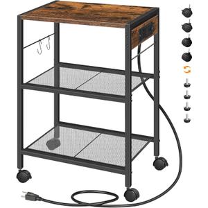 HOOBRO Industrial Printer Stand, 3-Tier Mobile Printer Table, Rolling Cart with Power Outlets and USB Ports, Home Printer Stand with 2 Hooks, for Office, Living Room, Rustic Brown BF22UPS01