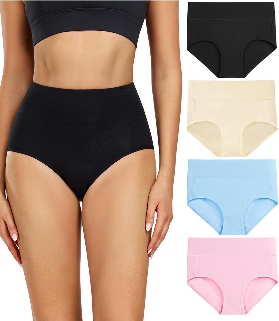 wirarpa Women's Cotton Underwear High Waisted Ladies Panties Full Coverage Briefs 4 Pack (Regular & Plus Size) (Medium, Black/Beige/Light Blue/Light Pink - Set 1)