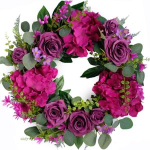 Artificial Purple Rose Wreaths 20 inches Front Door Wreath with Hydrangea Green Leaves Artificial Spring Wreaths Valentines Mother's Day Wreath for Wall Wedding Party Home Decor (Purple)