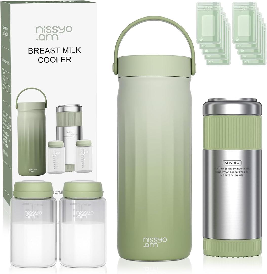 22oz Stainless Steel Breastmilk Cooler - 24Hrs Portable Breast Milk Chiller for Travel, Includes 2 BPA-Free Baby Bottles &10 Storage Bags, Leakproof Thermal Container for Working Moms, Green