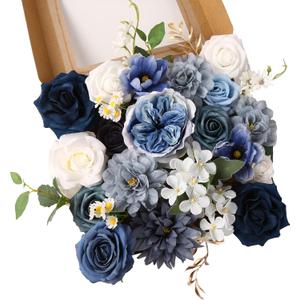 Dusty Blue Roses Silk Artificial Flowers Combo for DIY Bouquet Centerpieces Floral Arrangements, Navy Blue White Faux Flower with Stem Multi Use Wedding Party Home Decorations