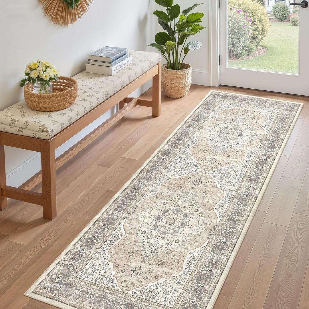 Washable Rug 3x8 Hallway Runner Rug-for Entryway Bedroom Kitchen Room Corridor Decor -Stain & Fade Resistant Non Slip Backing Carpet,Ultra-Thin Vintage Long Carpets(Camel/Beige)