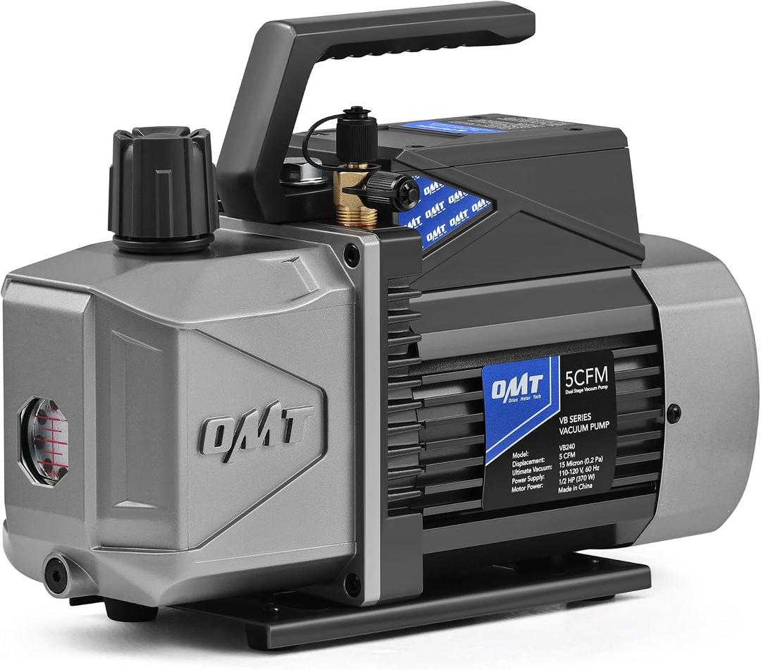 Orion Motor Tech 2 Stage A2L Vacuum Pump, 5 cfm 1/2 hp Two Stage Sparkless Ignition Proof Vacuum Pump for R1234yf R32 R134a R22 R410A with 1.5 Micron Ultimate Vacuum, Auto HVAC Vacuum Pump, 5.0 CFM A2L, Gray