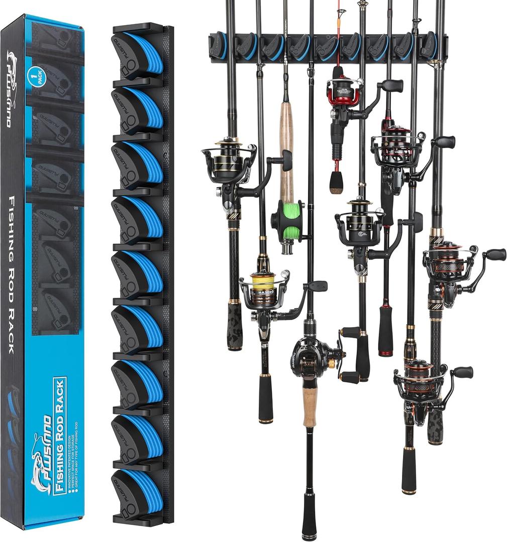 PLUSINNO Vertical Fishing Rod Holder, Wall Mounted Fishing Rod Rack, Fishing Pole Holder Holds Up to 9 Rods or Combos, Fishing Rod Holders for Garage, Fishing Gear and Gifts for Men